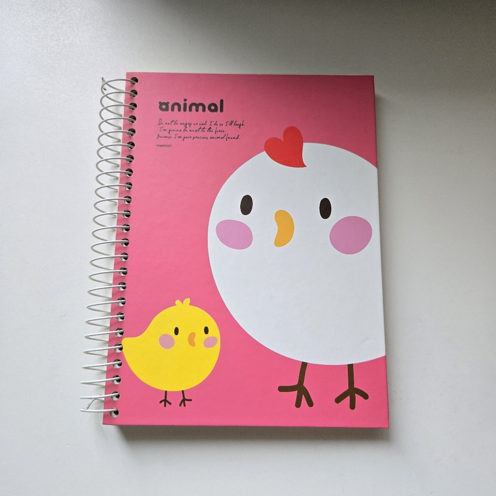 Korean stationary. Animal Pink Spiral Notebook chicken graphic. Hardcover